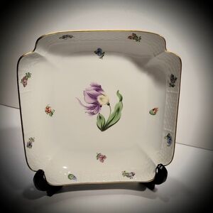 Herend Hungary Pansy Flowers Large Semi Square Gold Trim Serving Bowl Dish Mark